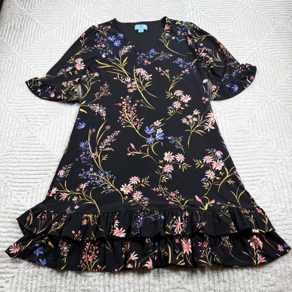 CeCe Floral V-Neck Shift Dress Women S Black Bell Sleeve Romantic Cottagecore